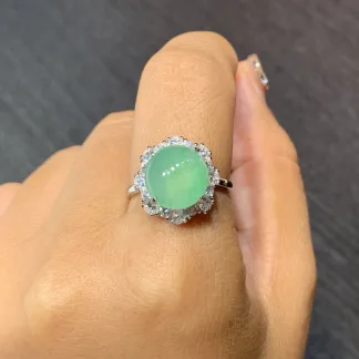 High-Icy Clear Green Natural Jadeite Cabochon Ring — S925 Silver · No. 6BDF
