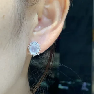 High-Icy Glowing Natural Jadeite Cabochon Stud Earrings — S925 Silver · No. 543D