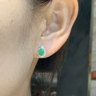 Icy Vivid Green Natural Jadeite Cabochon Stud Earrings — S925 Silver · No. C1C5