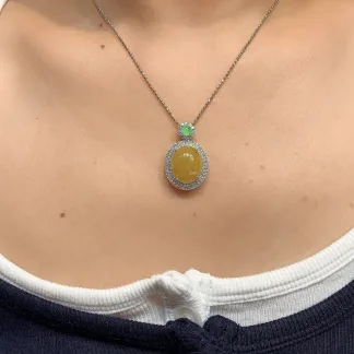 Icy Honey Yellow Natural Jadeite Cabochon Pendant — S925 Silver · No. 7BDB