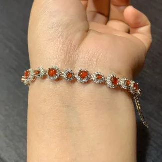 High-Icy Russet Red Natural Jadeite Cabochon Bracelet — S925 Silver · No. 3321
