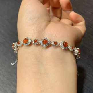 High-Icy Russet Red Natural Jadeite Cabochon Bracelet — S925 Silver · No. 0477