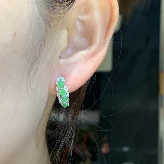 Icy Soft Vivid Green Natural Jadeite Cabochon Huggie Earrings — S925 Silver · No. E39D