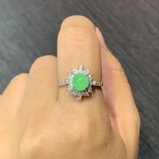 Icy Fresh Vivid Green Natural Jadeite Cabochon Ring — S925 Silver · No. 61B5