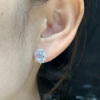High-Icy Glowing Natural Jadeite Cabochon Stud Earrings — S925 Silver · No. 39FB