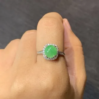 Icy Vivid Green Natural Jadeite Cabochon Ring — S925 Silver · No. B24B