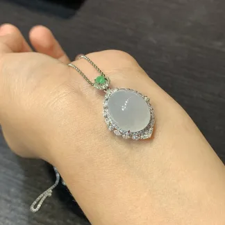 Icy Glowing Natural Jadeite Cabochon Pendant — S925 Silver · No. DF11