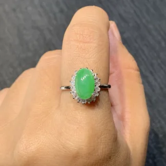 Icy Vivid Green Natural Jadeite Cabochon Ring — S925 Silver · No. 6CE7