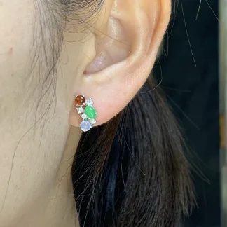 High-Icy Multicolor Natural Jadeite Cabochon Stud Earrings — S925 Silver · No. D2C7