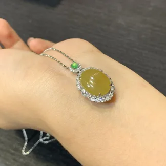 Icy Honey Yellow Natural Jadeite Cabochon Pendant — S925 Silver · No. 2DAB