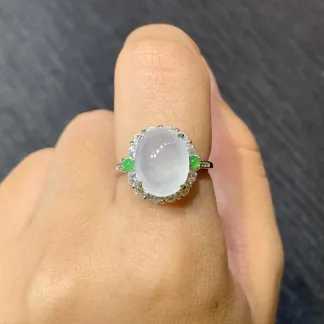 High-Icy Glowing Natural Jadeite Cabochon Ring — S925 Silver · No. 8701