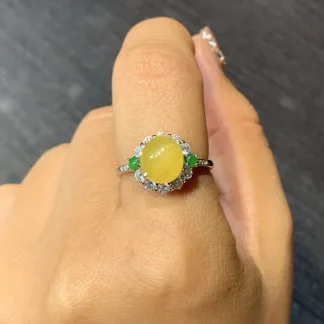 High-Icy Honey Yellow Natural Jadeite Cabochon Ring — S925 Silver · No. 7159
