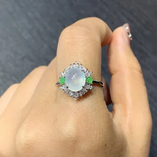 High-Icy Glowing Natural Jadeite Cabochon Ring — S925 Silver · No. 2E20