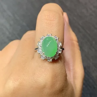 High-Icy Vivid Green Natural Jadeite Cabochon Ring — S925 Silver · No. 90CD