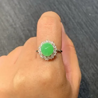 Icy Vivid Green Natural Jadeite Cabochon Ring — S925 Silver · No. A1A9