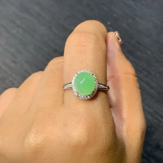High-Icy Soft Vivid Green Natural Jadeite Cabochon Ring — S925 Silver · No. DC44