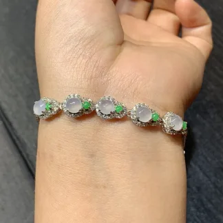 Icy Glowing Gourd Natural Jadeite Cabochon Bracelet — S925 Silver · No. A231