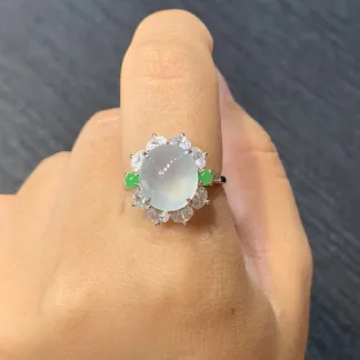 High-Icy Glowing Natural Jadeite Cabochon Ring — S925 Silver · No. 568F