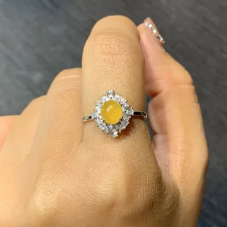 High-Icy Honey Yellow Natural Jadeite Cabochon Ring — S925 Silver · No. 8FBC