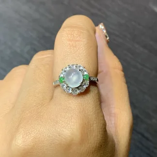 High-Icy Glowing Natural Jadeite Cabochon Ring — S925 Silver · No. E8C5