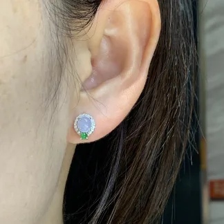Icy Lavender and Vivid Green Natural Jadeite Cabochon Stud Earrings — S925 Silver · No. B5DB
