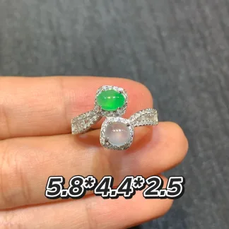 White and Green Twin Cabochon Natural Jadeite Cabochon Ring — S925 Silver · No. D49A