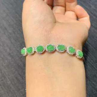 Icy Vivid Green Natural Jadeite Cabochon Bracelet — S925 Silver · No. 5DCF