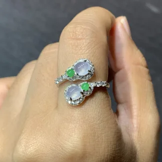 Icy Glowing Natural Jadeite Twin Cabochon Ring — S925 Silver · No. 5C60