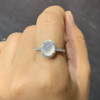 High-Icy Glowing Natural Jadeite Cabochon Ring — S925 Silver · No. D10D