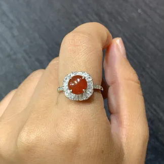 Russet Red Natural Jadeite Cabochon Ring — S925 Silver · No. 1D33