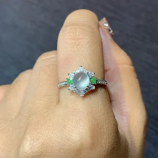 High-Icy Glowing Natural Jadeite Cabochon Ring — S925 Silver · No. 8C72