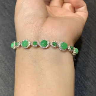Vivid Green Natural Jadeite Cabochon Bracelet — S925 Silver · No. 311B