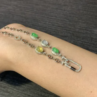High-Icy Multicolor Natural Jadeite Convertible Cabochon Chain — S925 Silver · No. EB11