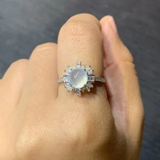 High-Icy Glowing Natural Jadeite Cabochon Ring — S925 Silver · No. 0D49