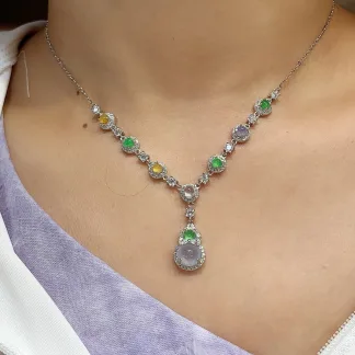 High-Icy Multicolor Natural Jadeite Cabochon Necklace — S925 Silver · No. A700