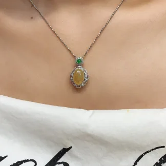 High-Icy Honey Yellow Natural Jadeite Cabochon Pendant — S925 Silver · No. D8D0