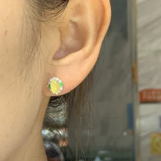 High-Icy Honey Yellow Natural Jadeite Cabochon Stud Earrings — S925 Silver · No. 1127