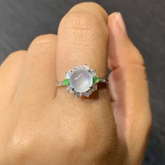 High-Icy Glowing Natural Jadeite Cabochon Ring — S925 Silver · No. 99CE