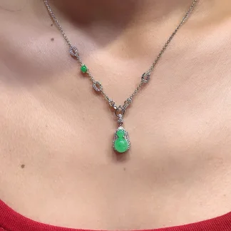 High-Icy Vivid Green Natural Jadeite Cabochon Necklace — S925 Silver · No. 6D2D