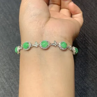 Icy Vivid Green Natural Jadeite Cabochon Bracelet — S925 Silver · No. A7B4