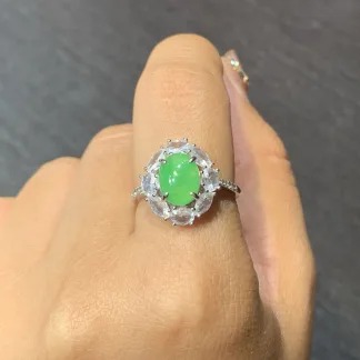 Icy Vivid Green Natural Jadeite Cabochon Ring — S925 Silver · No. 5D59