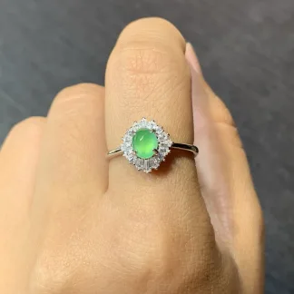 High-Icy Glowing Green Natural Jadeite Cabochon Ring — S925 Silver · No. 3008