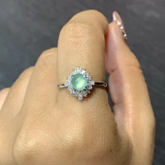 Icy Glowing Green Natural Jadeite Cabochon Ring — S925 Silver · No. 77B9