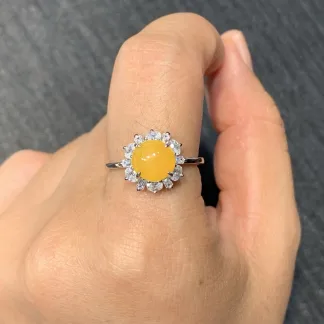 Icy Honey Yellow Natural Jadeite Cabochon Ring — S925 Silver · No. EF41