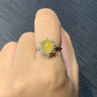 High-Icy Honey Yellow Natural Jadeite Cabochon Ring — S925 Silver · No. F511