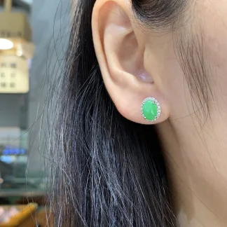 Icy Vivid Green Natural Jadeite Cabochon Stud Earrings — S925 Silver · No. BAB3