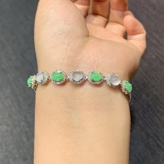 High-Icy White and Green Natural Jadeite Cabochon Bracelet — S925 Silver · No. C465