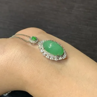 Vivid Green Natural Jadeite Cabochon Pendant — S925 Silver · No. 7440