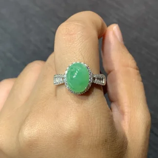 Icy Vivid Green Mottled Natural Jadeite Cabochon Ring — S925 Silver · No. C55A