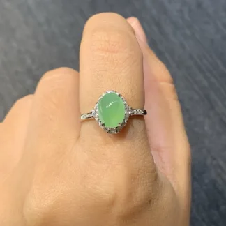 High-Icy Lake Green Natural Jadeite Cabochon Ring — S925 Silver · No. 3598